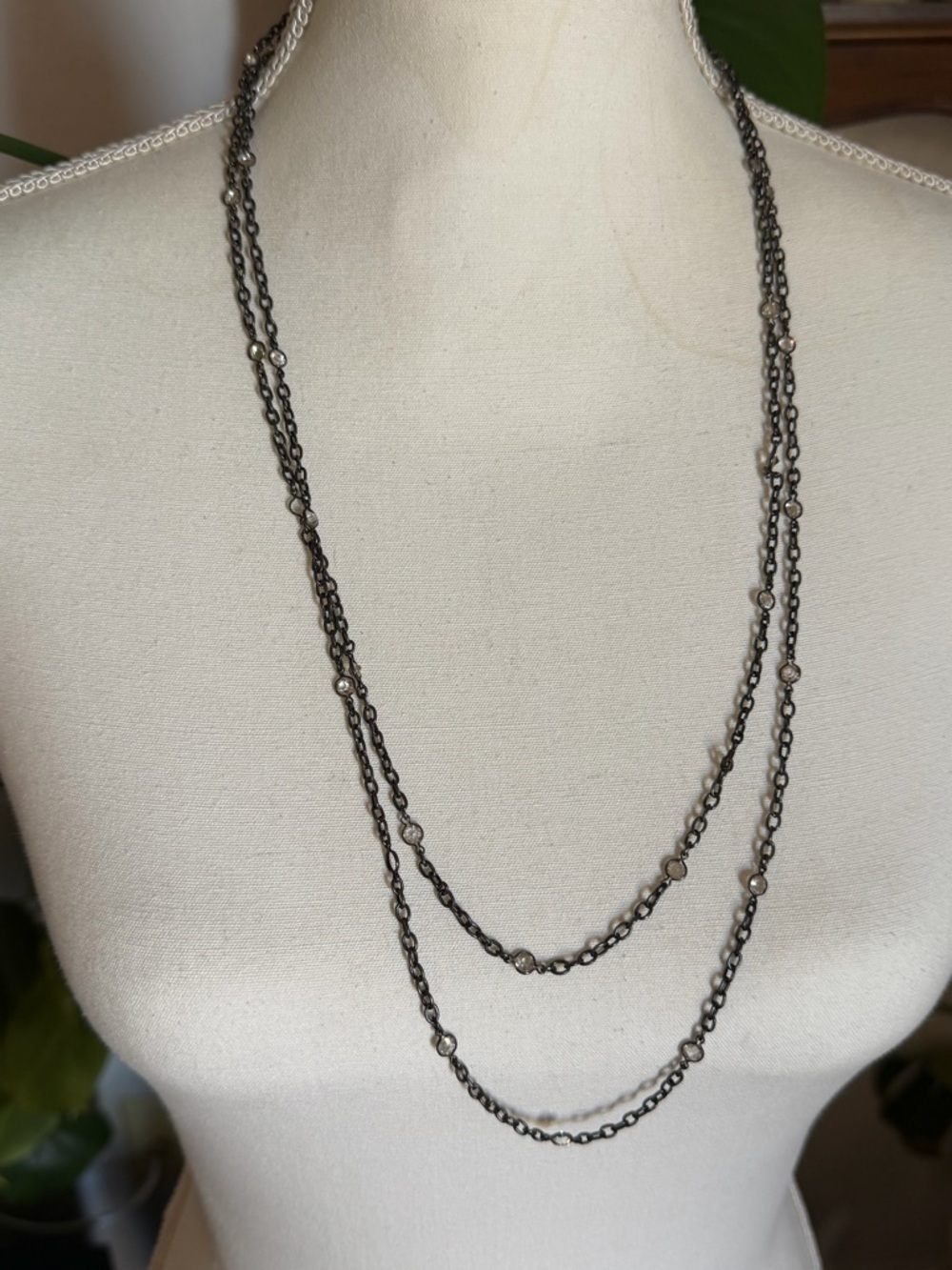 Vintage Gunmetal & Dainty Crystal Beads Double-Layer Beaded Necklace
